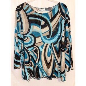 All Hours Vintage Shirt Black Turquoise Beige Tan Sparkle Women’s Size XXL